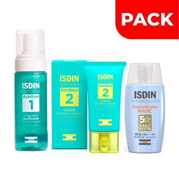 Pack Acniben Limpiador Purificante + Control Brillo y Granos + Fotoprotector Fusion Water Magic