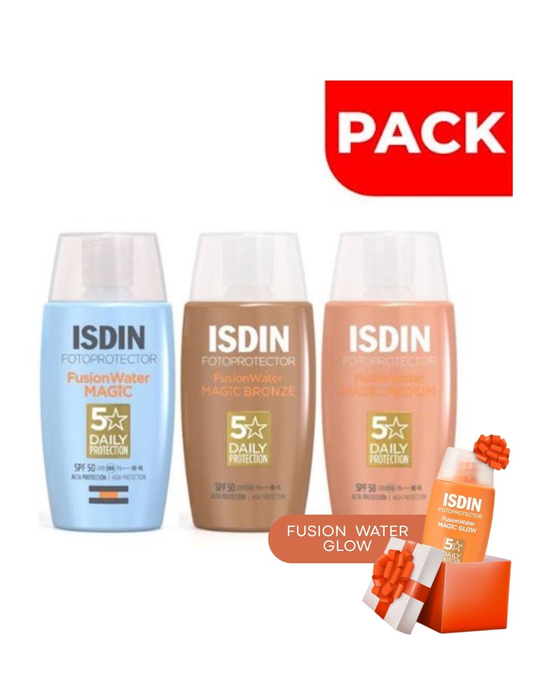 Tripack Fotoprotector Isdin Fusion Water Magic 50 ML + Color Bronze 50 ML+ Color Medium 50 ML