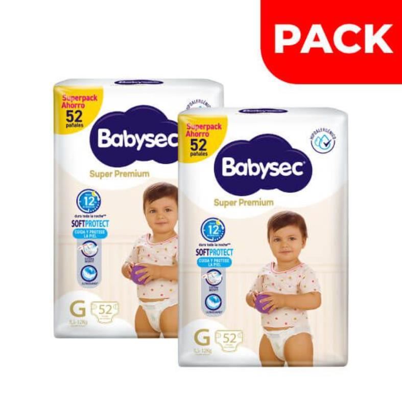 Dúo Pack Pañal Babysec Super Premium Talla G - Bolsa 52 UN