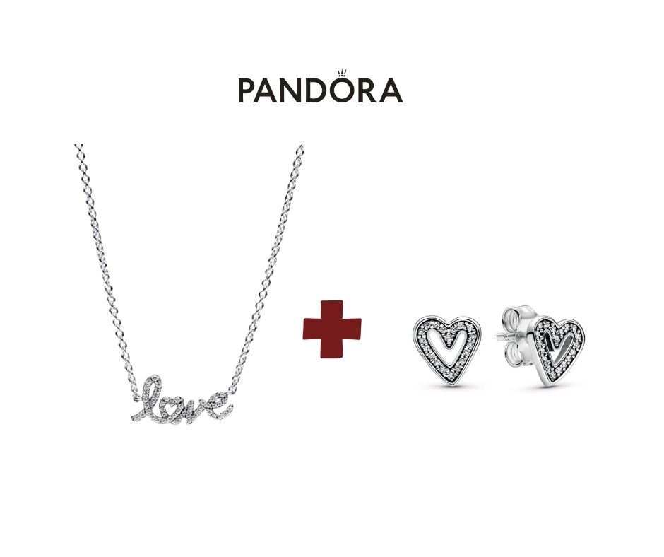 PACK PANDORA : Collar Pandora Love Brillante + Aretes Pandora boceto de corazón brillante mujer