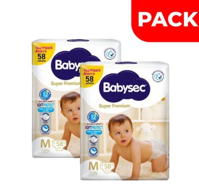 Dúo Pack Pañal Babysec Super Premium Talla M - Bolsa 58 UN