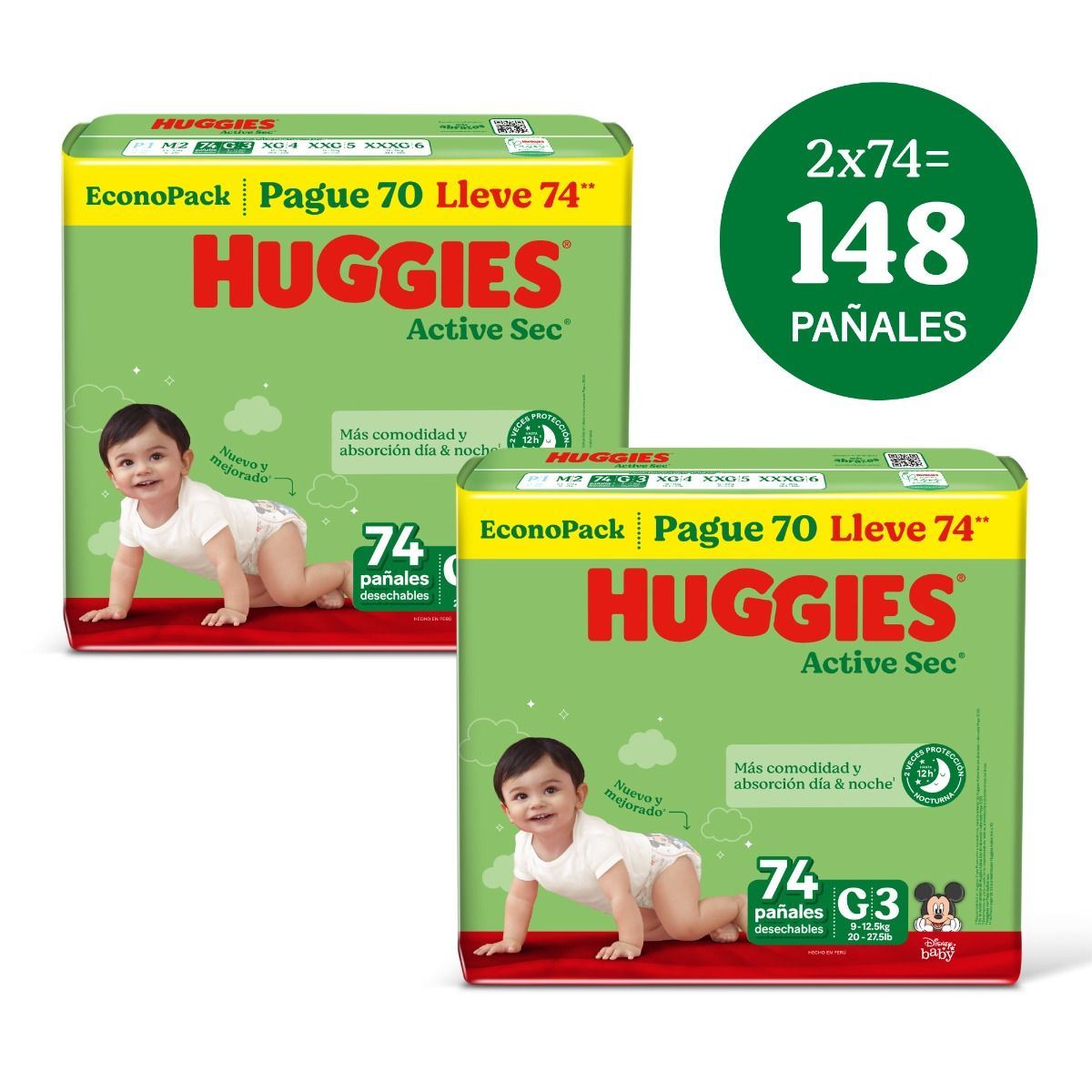 Dúo Pack Pañal Huggies Active Sec EconoPack Talla G - Bolsa 74 UN