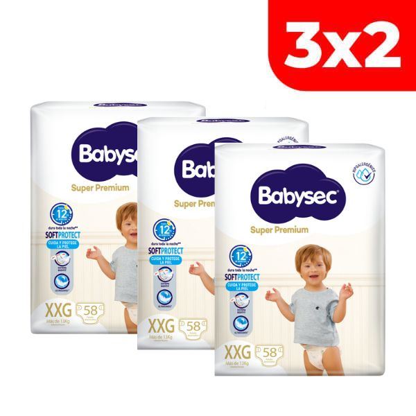 3x2 Pañal Babysec Súper Premium Talla XXG - Bolsa 58 UN