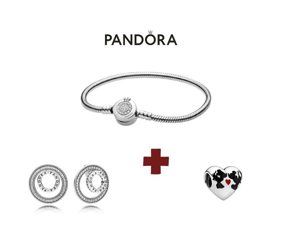PACK PANDORA : Brazalete Pandora Corona O Talla: 20cm + Aretes Pandora con logo circonica + Charm Minnie y Mickey Kiss