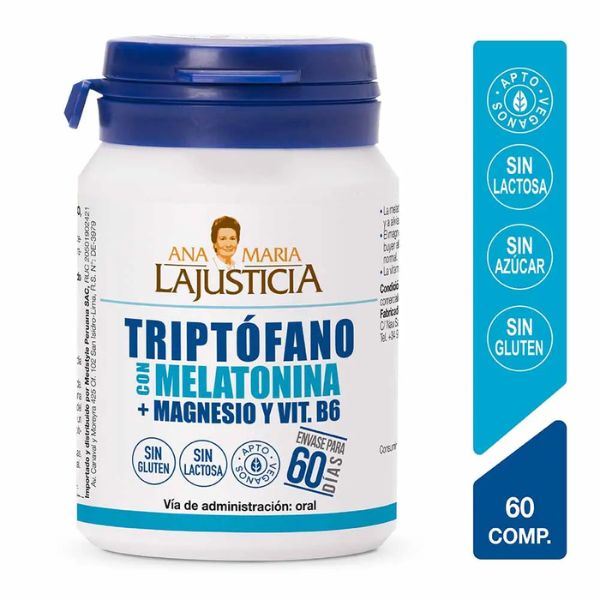 Triptófano + Melatonina + Magnesio y Vitamina B6 Comprimidos - Pote 60 UN