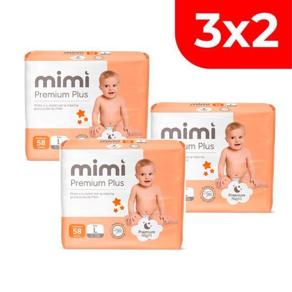 3x2 Pañal Mimi Plus Talla L - Bolsa 58 UN