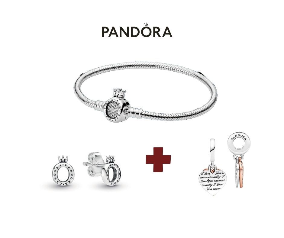 PACK PANDORA : Brazalete Pandora Corona cadena serpiente Talla:17 cm + Aretes Pandora de boton corona + Charm Pandora Colgante doble corazón