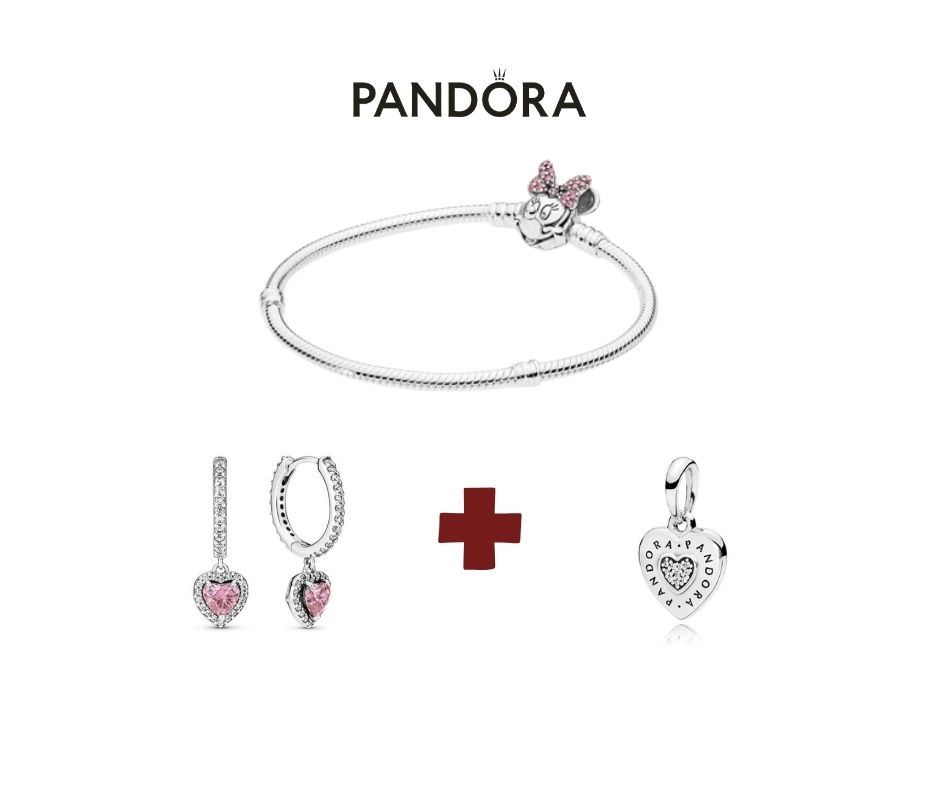 PACK PANDORA : Brazalete Pandora Retrato Minnie x Disney Talla:17cm + Aretes Pandora de aro corazón  + Charm Pandora colgaante corazón