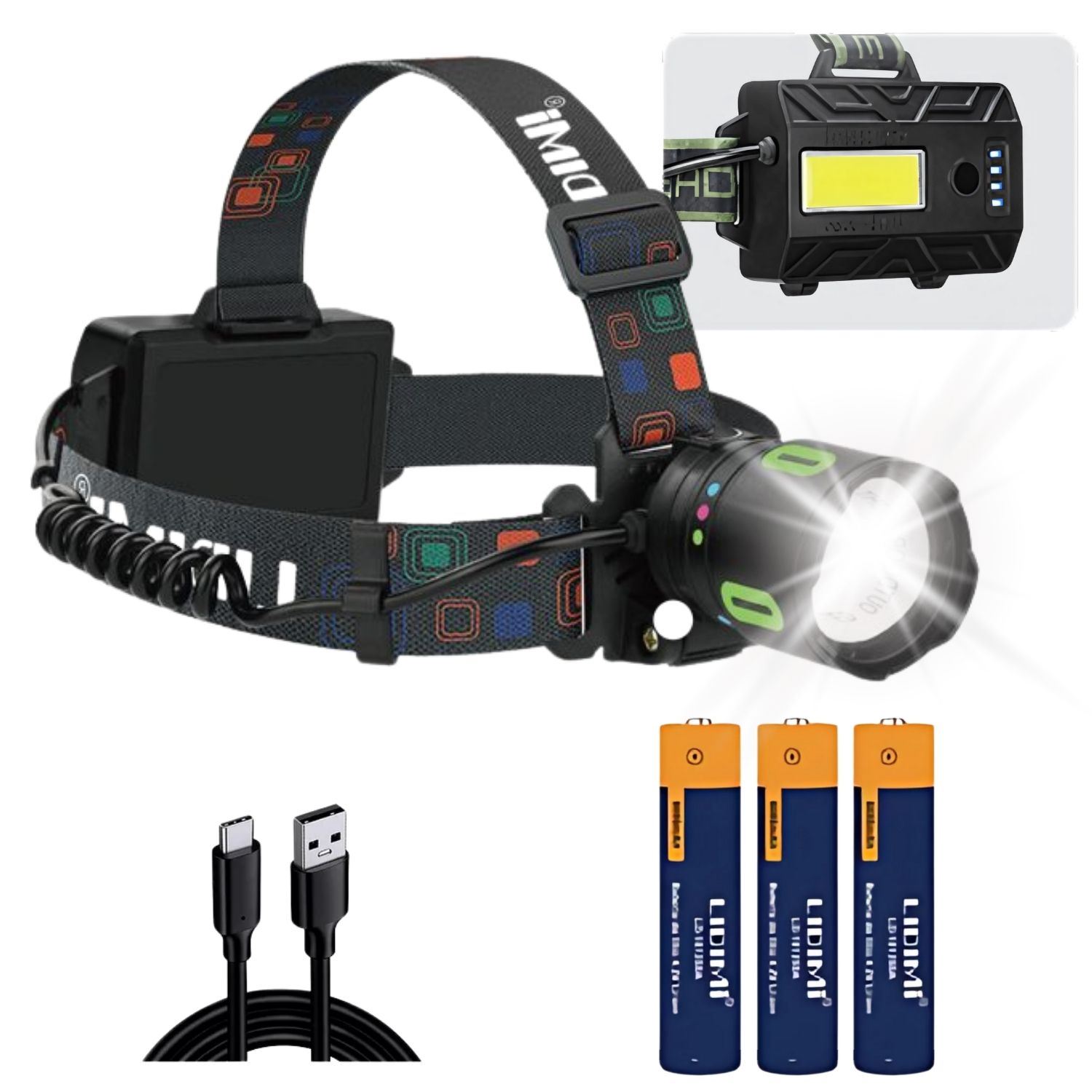 Linterna de Cabeza LED Recargable 10W IPX6 con Luz Roja y Zoom – Hasta 12H de Uso y Power Bank Integrado