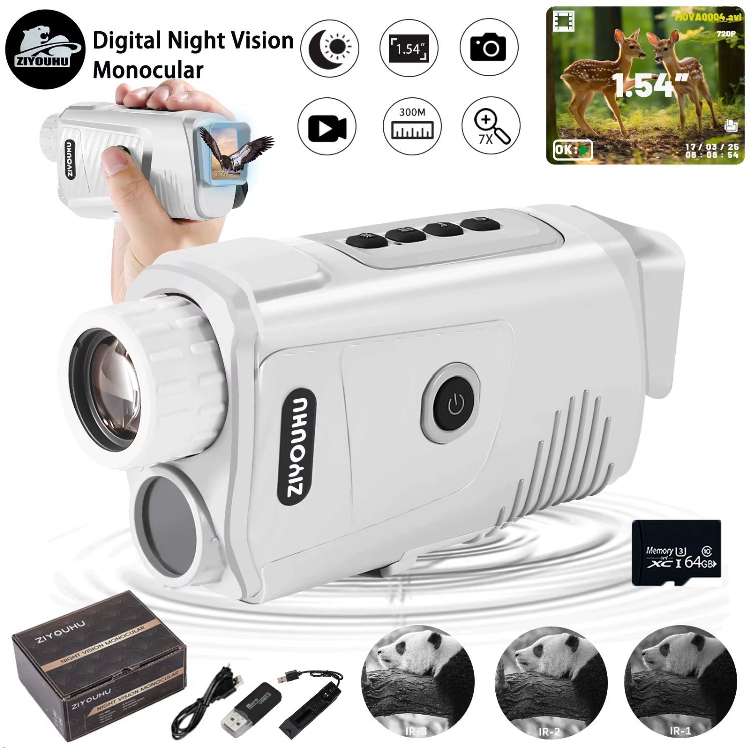 Monocular Digital de Visión Nocturna ZIYOUHU NV007 HD 1080P con Zoom 7X, Infrarrojo 850nm, Alcance 300m y Tarjeta 32GB incluida