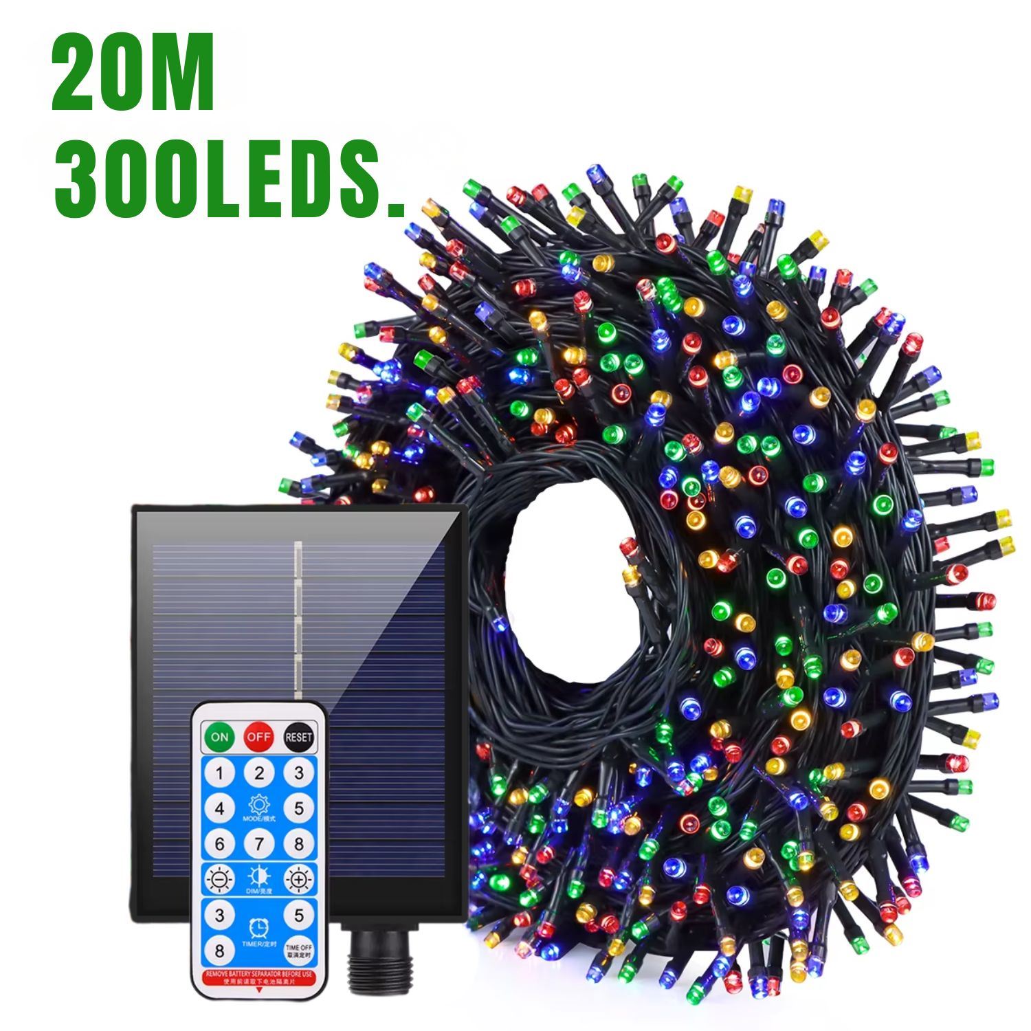 Luces Navideñas Solares 20m Multicolor 300 LED con Modos y Resistencia al Agua