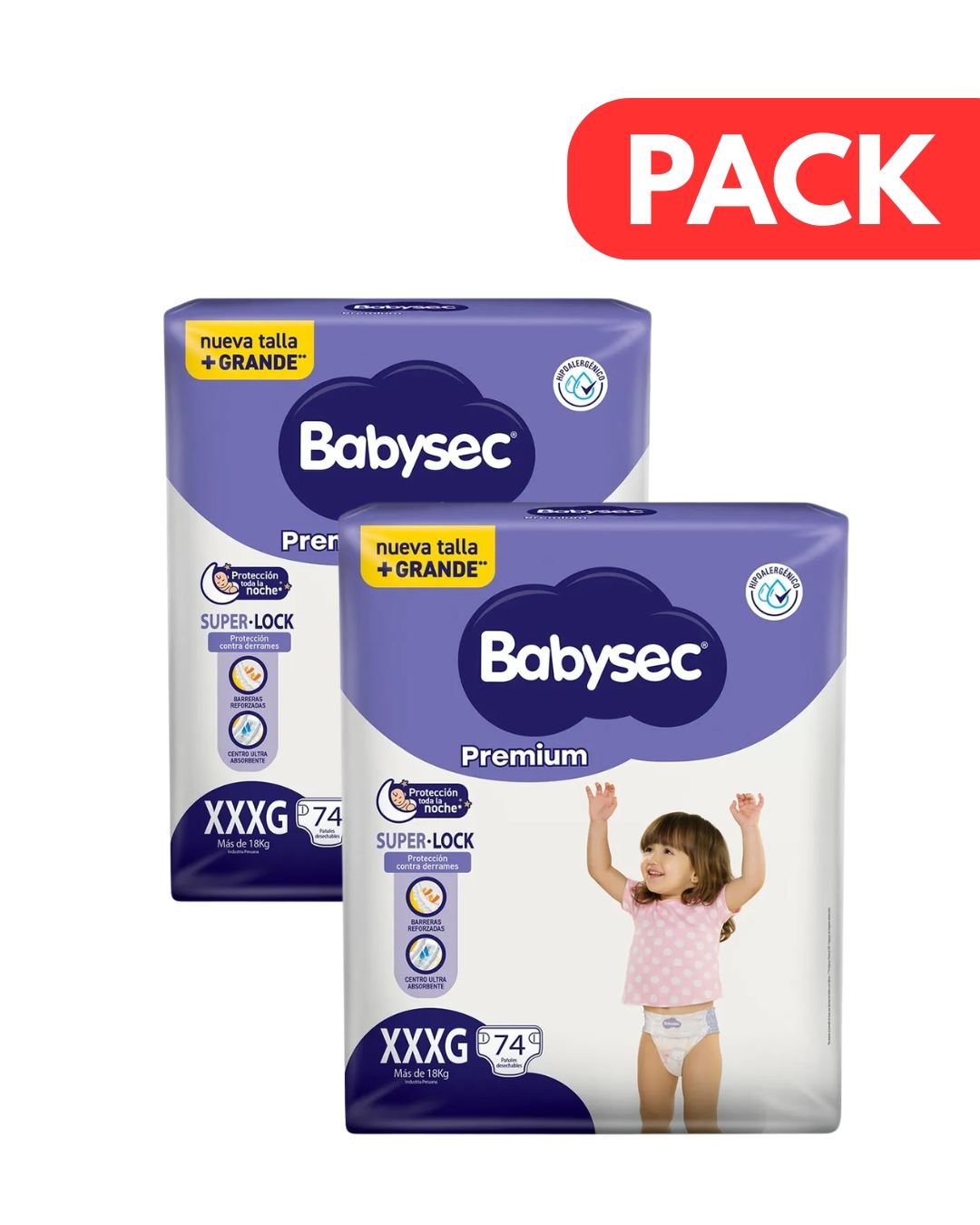 Pack x2 Pañal Babysec Premium XXXG - Bolsa 74 UN