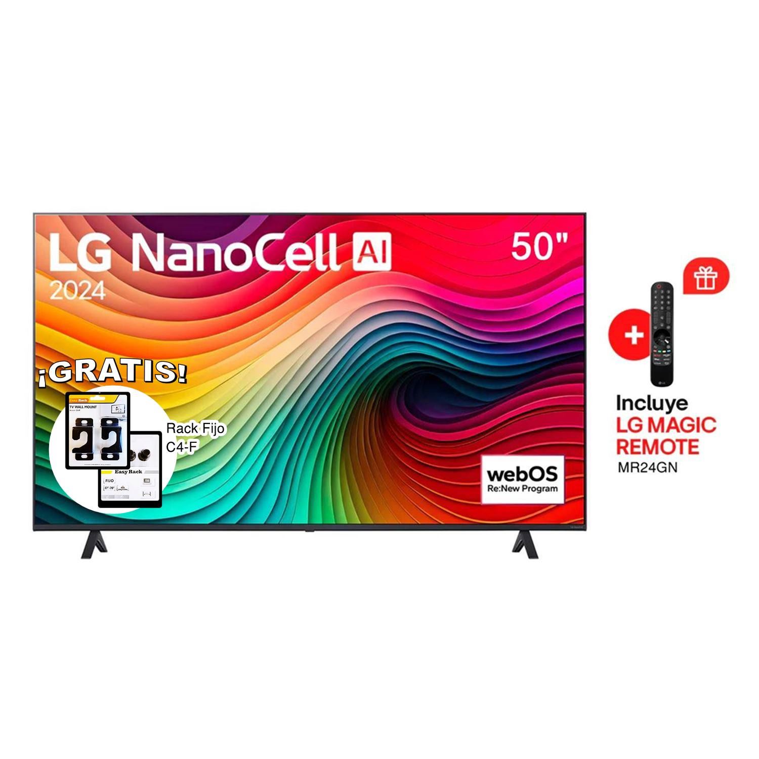 Televisor LG Smart TV 50" LED Nanocell 4K 50NANO80TSA (2024) + Rack TV Wall Mount Fijo C4-F