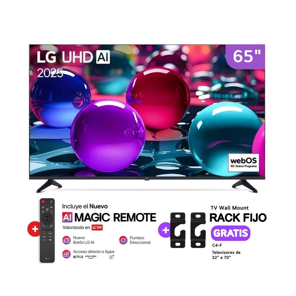 Smart TV LG 65" 4K UHD con ThinQ AI 65UA7300PSB 2025 + AI Magic Remote + Rack fijo GRATIS