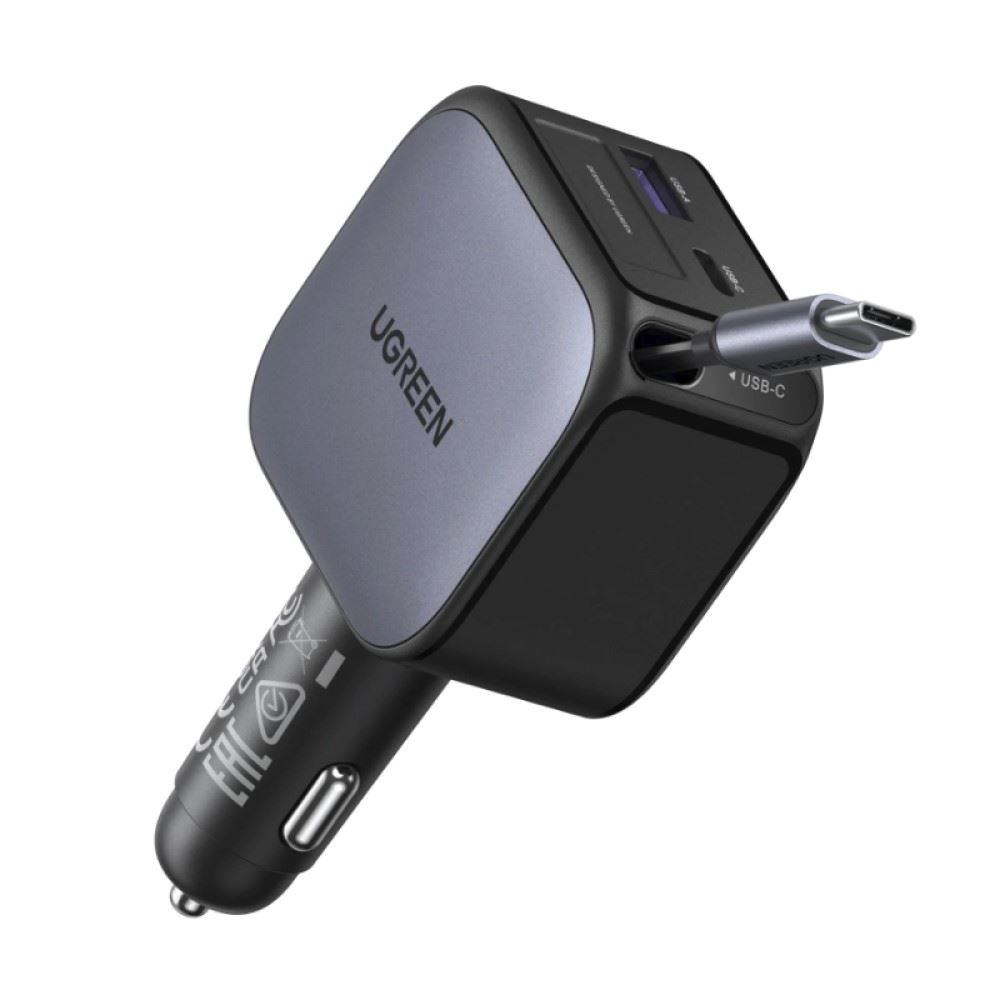 UGREEN Cargador para Auto 60W con Cable USB-C Retráctil, USB-C y USB-A Carga Rápida EC602 - 55212B