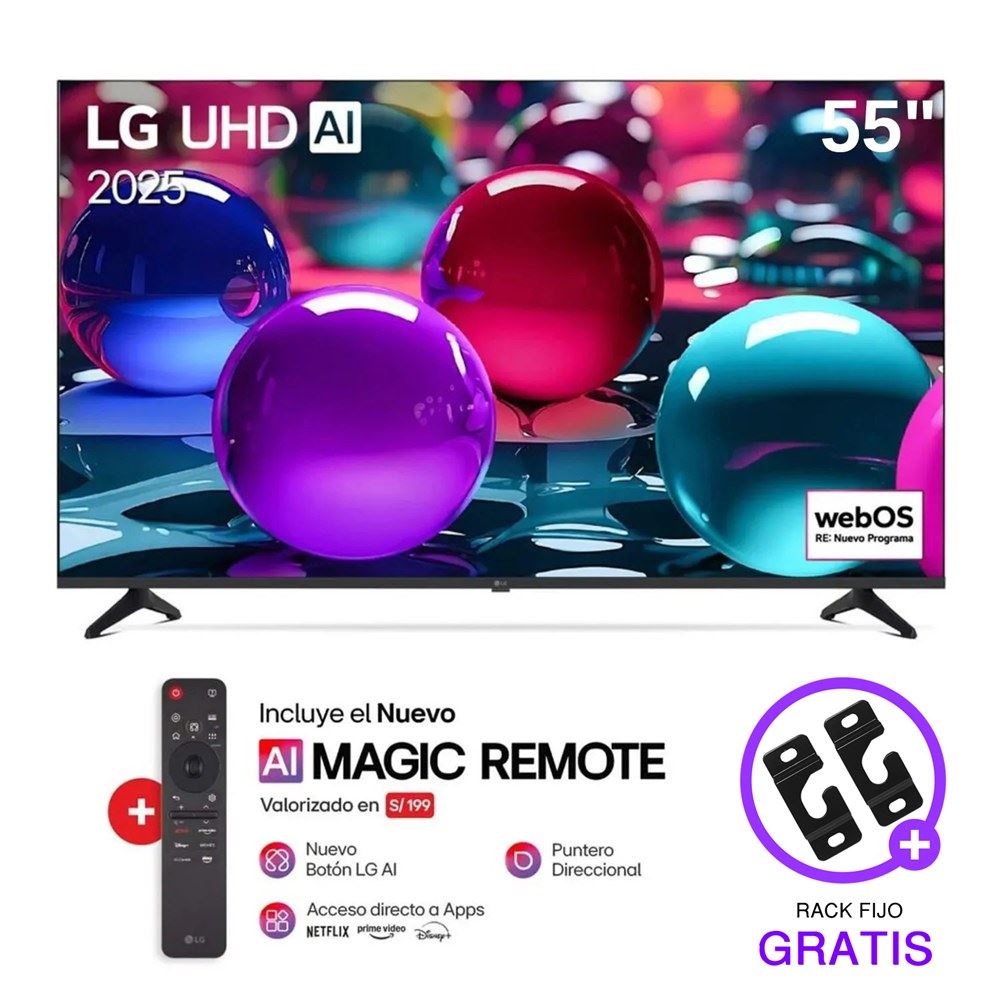 Smart TV LG 55” 4K UHD con ThinQ AI 55UA7300PSB 2025 + Control Magic + Rack GRATIS