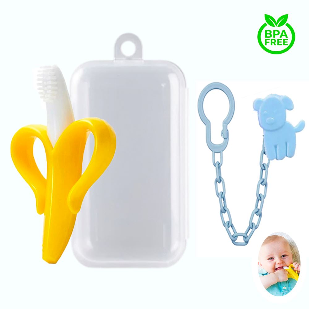 Mordedor Banana Amarillo Con Cadena Baby Froggie Perrito Azul Para Bebe