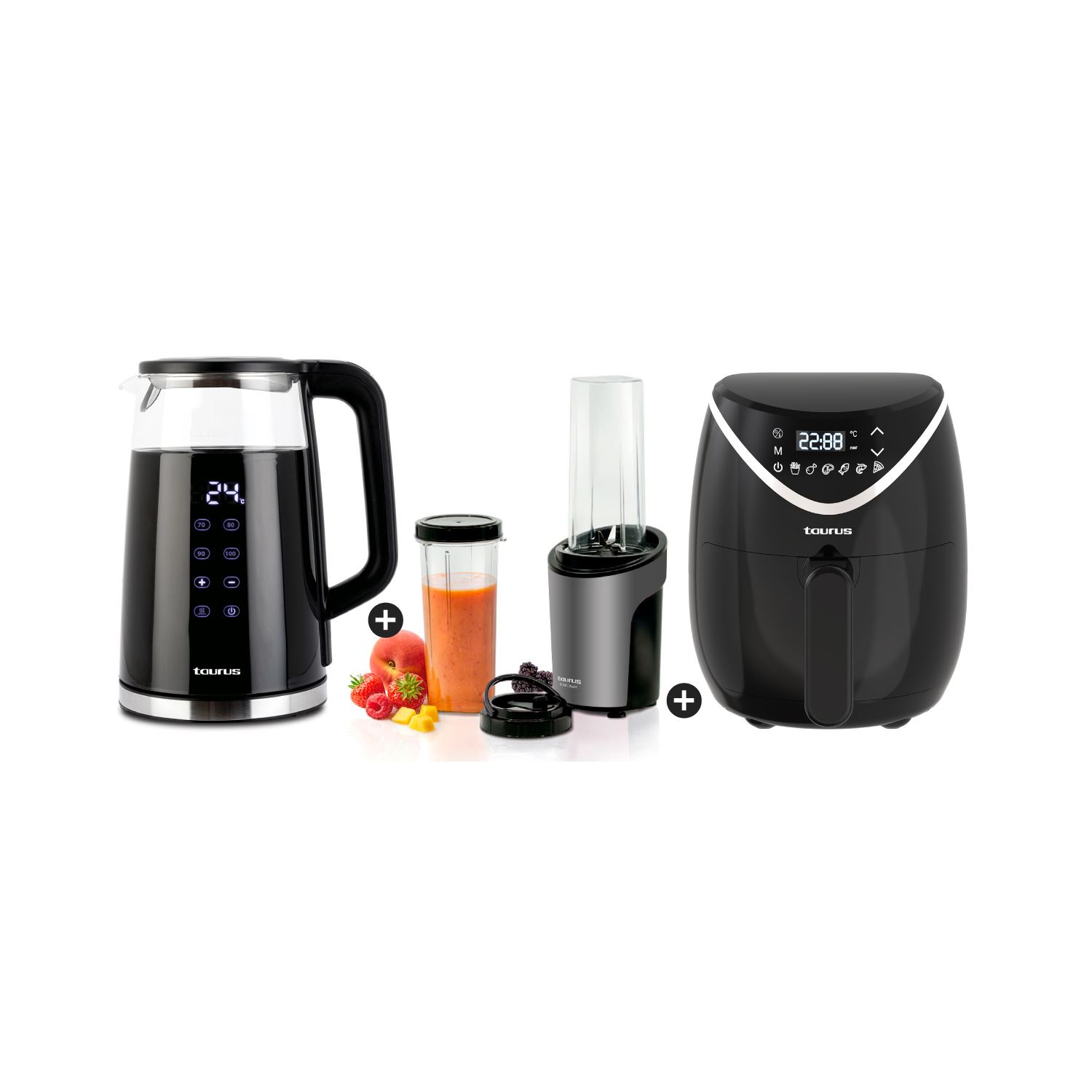 Freidora de Aire Mod. Black Fryer II + Licuadora Shake Away 2.0 + Hervidor Eléctrico Neo Glass