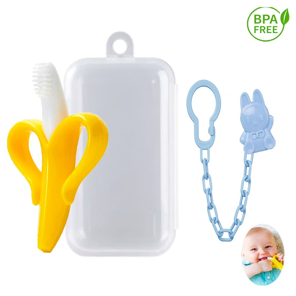 Mordedor Banana Amarillo Con Cadena Baby Froggie Conejo Azul Para Bebe