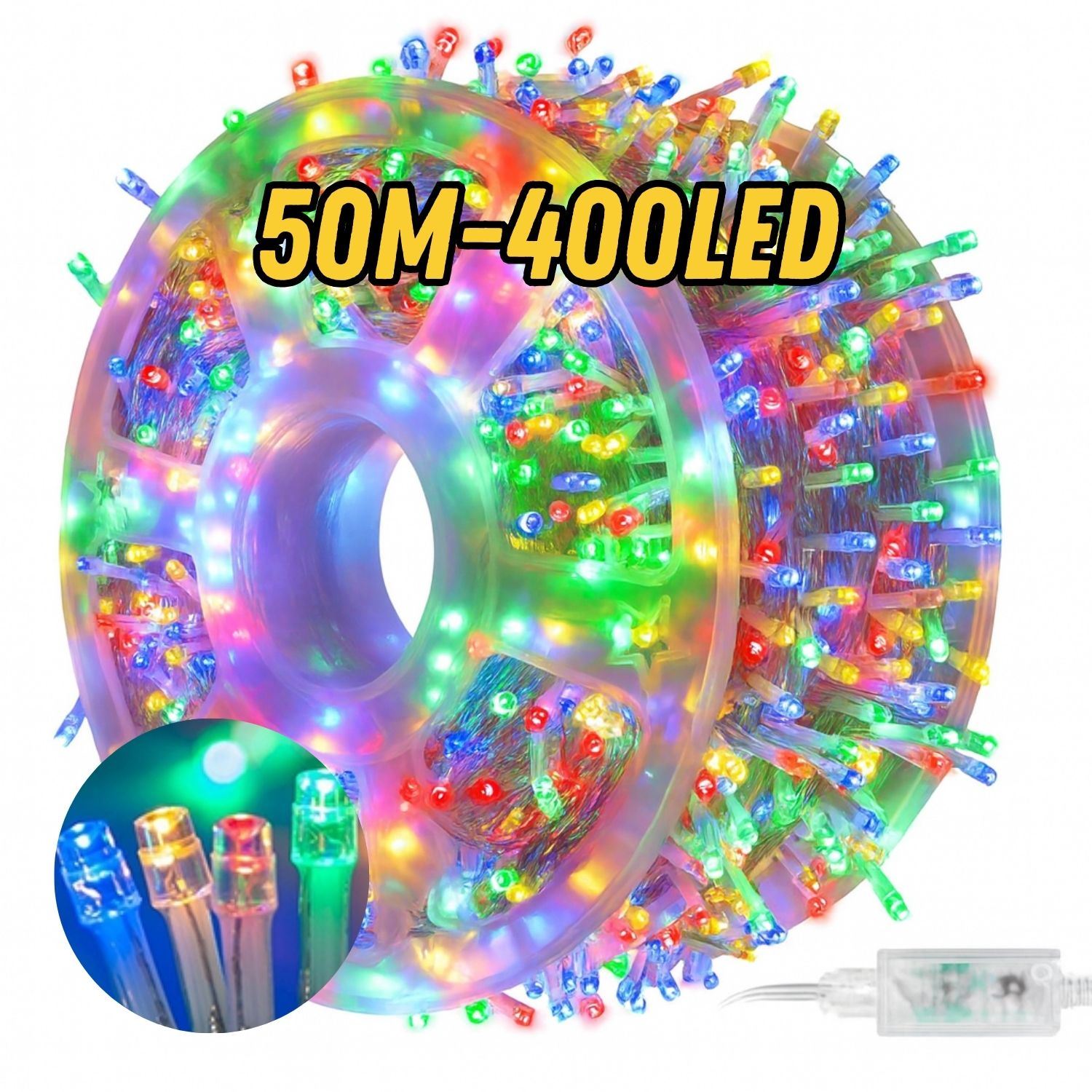 Luces Navideñas LED 50m con 400 Luces Multicolor, 8 Modos de Iluminación, Cable Transparente e Impermeables para Exterior 220V