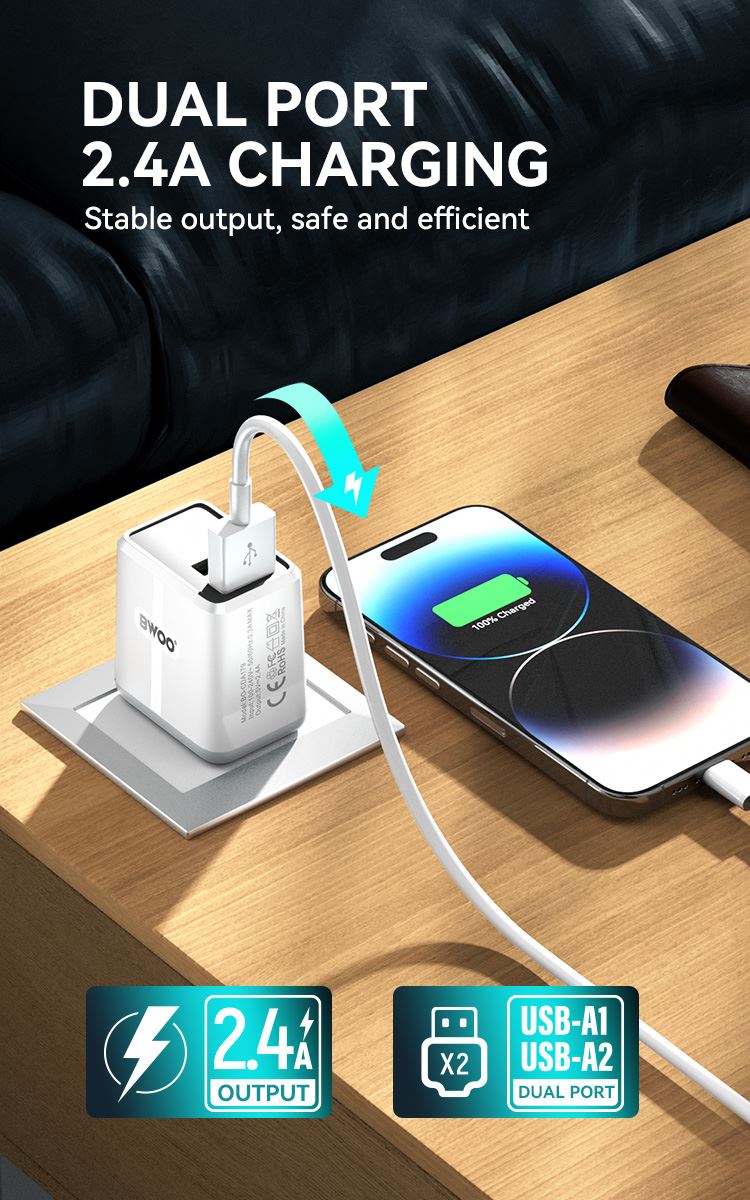 CARGADOR DE PARED DUAL ESTÁNDAR, 02 USB 3.0, iOS, Android CDA179 BWOO