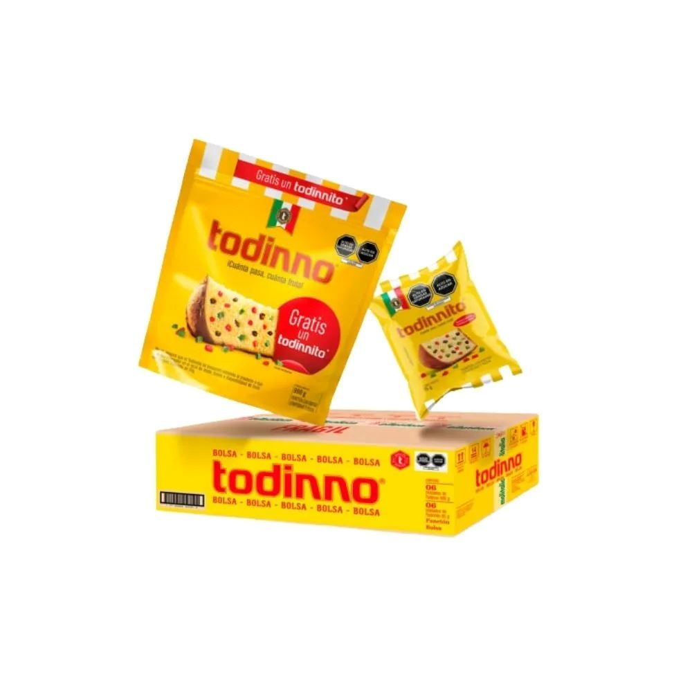 Panetón TODINNO Bolsa 900g + Todinnito Bolsa 85g Caja 6u
