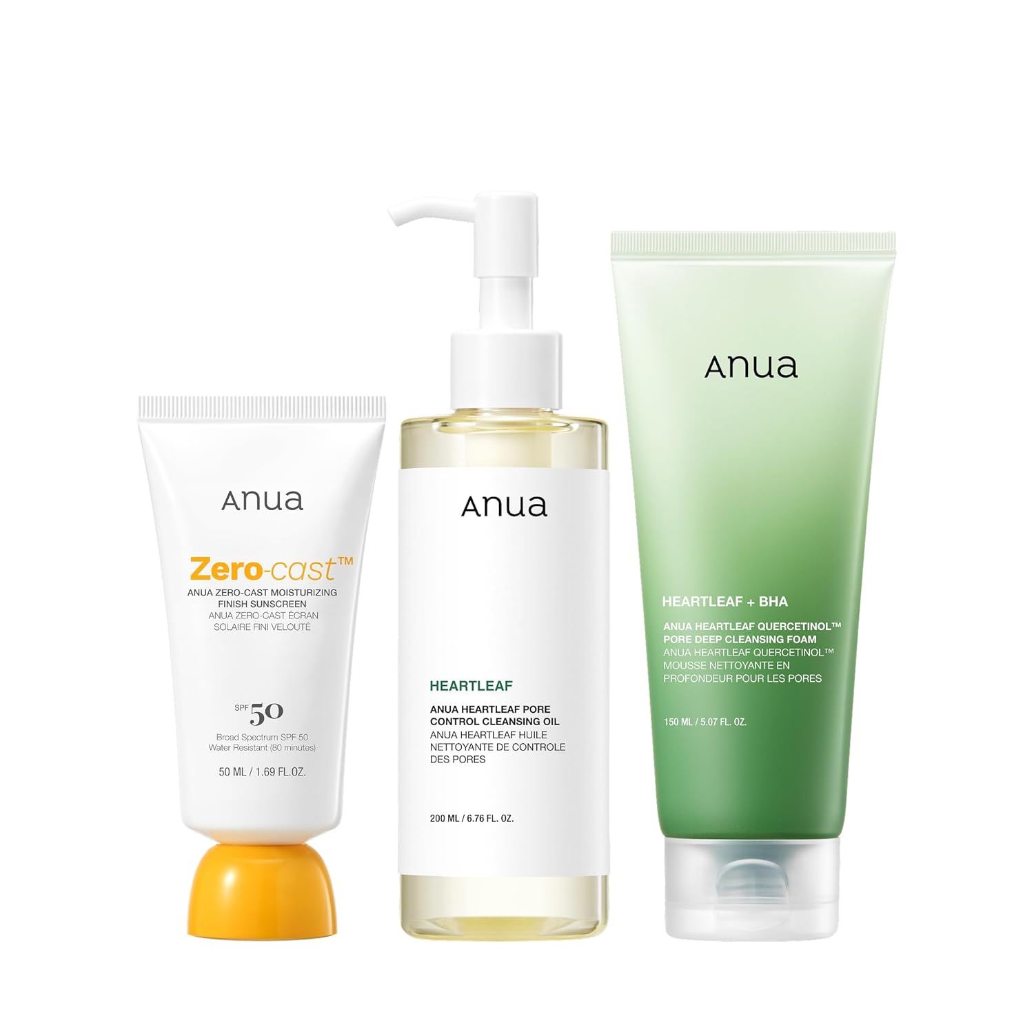 Set de cuidado después del sol ANUA, Espuma limpiadora Heartleaf + Protector solar hidratante sin efecto blanco, Aceite limpiador controlador de poros Heartleaf