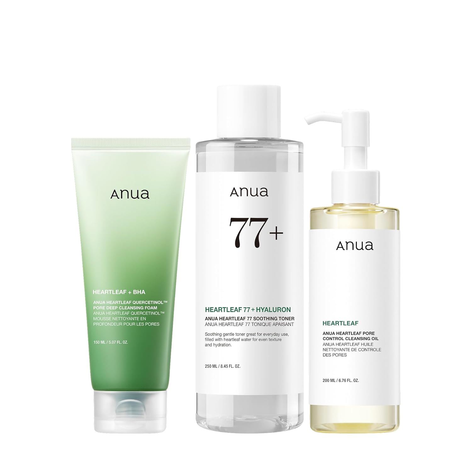ANUA Set Trío Heartleaf: aceite limpiador + espuma limpiadora + tónico calmante; rutina coreana de doble limpieza