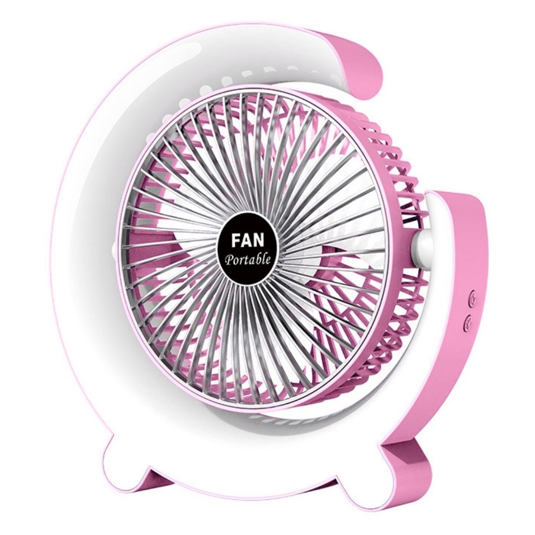 Ventilador de Escritorio Recargable con Luz RGB Diseño Lunar, 3 Velocidades y Bajo Ruido