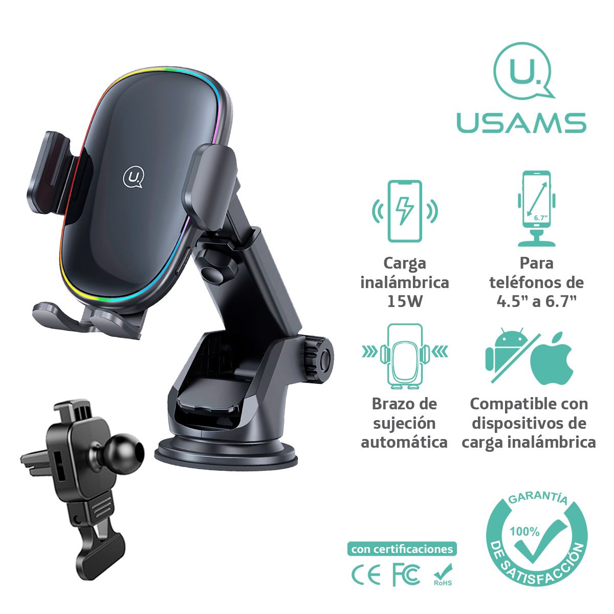 Cargador Inalámbrico para auto con soporte y luz 15w Negro USAMS