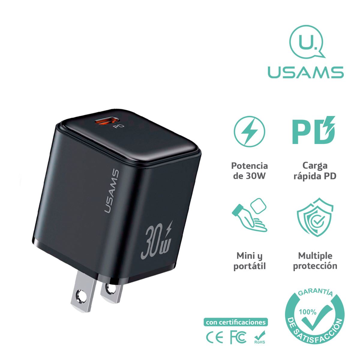 Cargador celular Pared carga rápida USAMS  PD 30W Negro