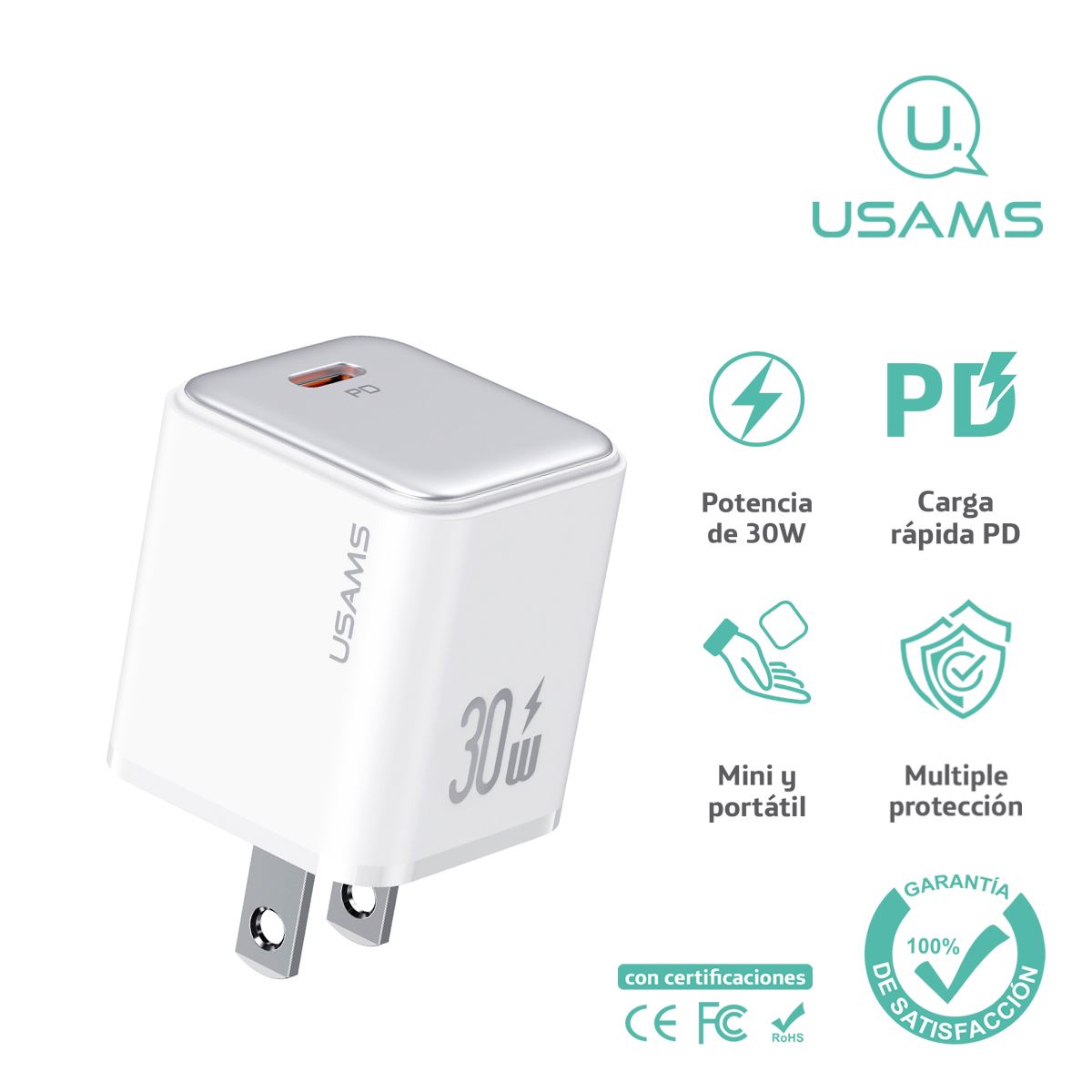 Cargador celular Pared carga rápida USAMS  PD 30W Blanco