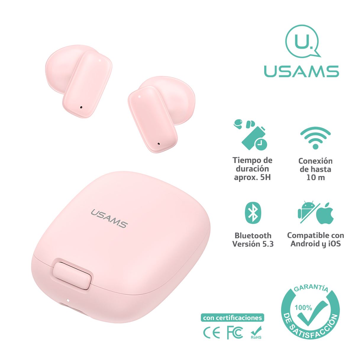 Audífonos auriculares inalámbricos USAMS BT 5.3 Rosado ID25