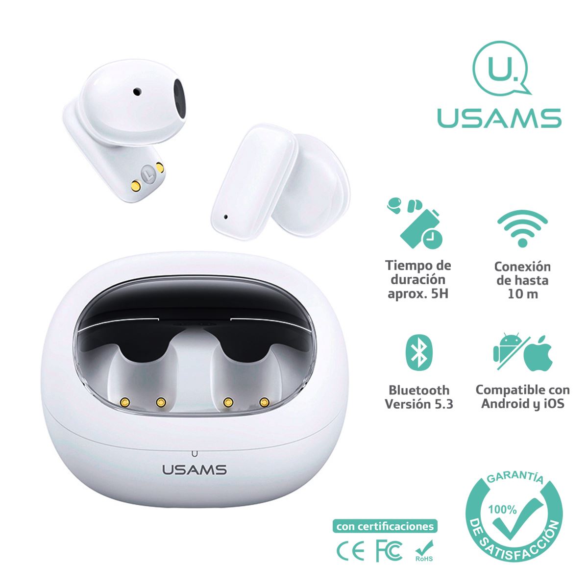 Audífonos auriculares inalámbricos USAMS BT5.3 Blanco TD22