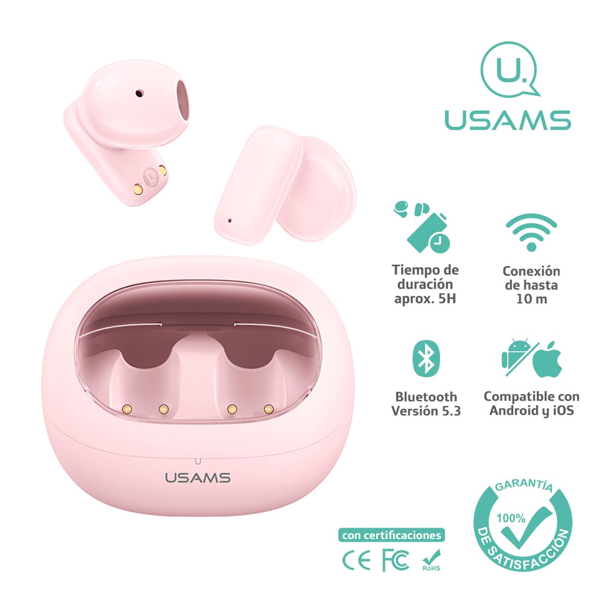 Audífonos auriculares inalámbricos USAMS BT5.3 Rosado TD22