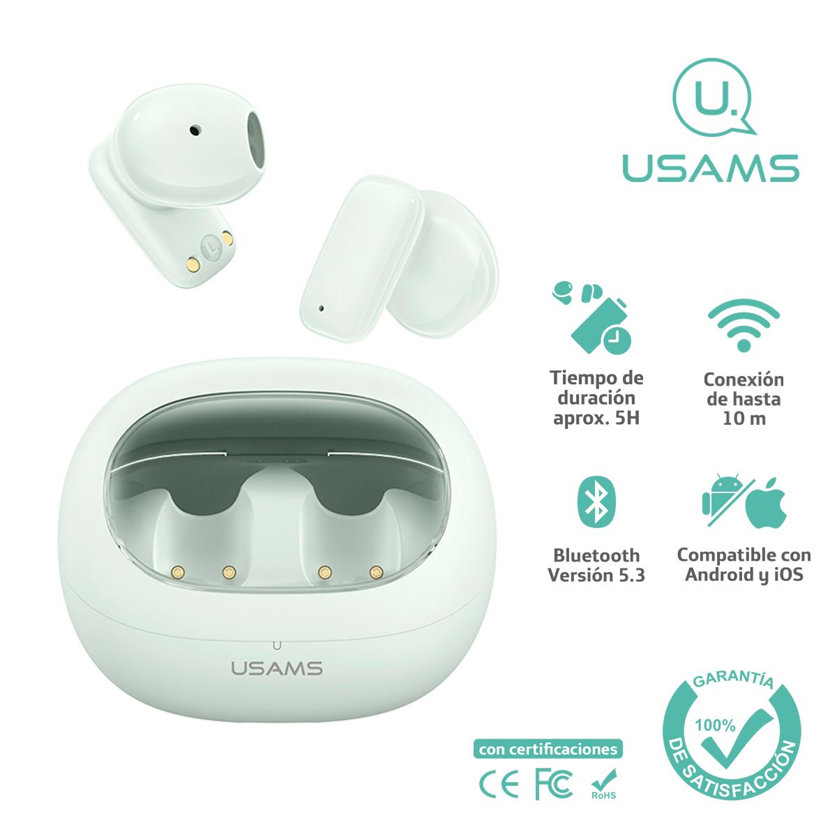 Audífonos auriculares inalámbricos USAMS BT5.3 Menta TD22
