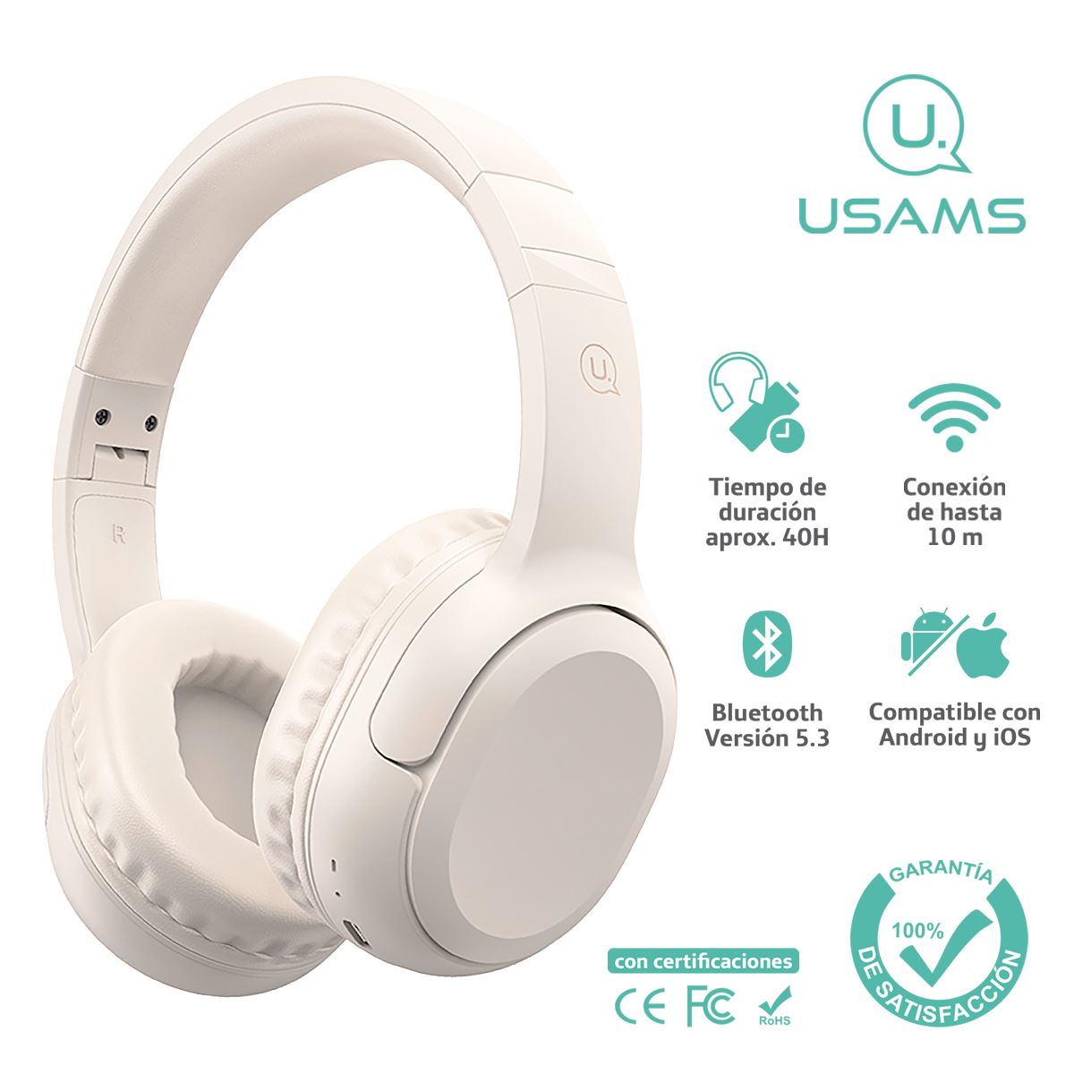 Audífonos auriculares inalámbricos USAMS 40hs 5.3 Beige YG23