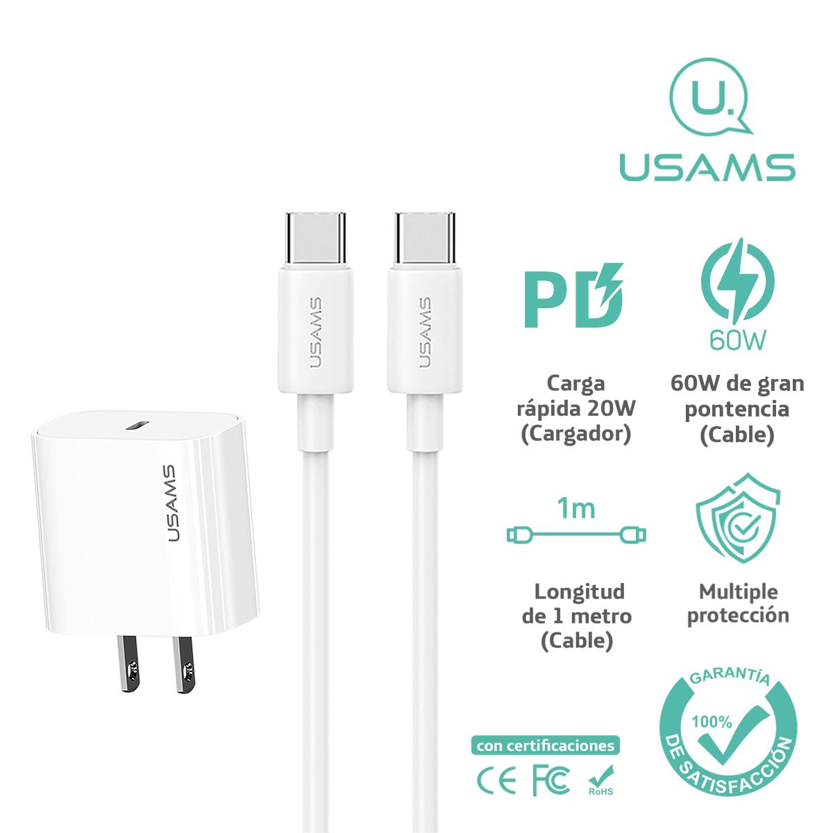 Cargador Celular Rápido USAMS 20W+Cable TypeC a TypeC 60W bl