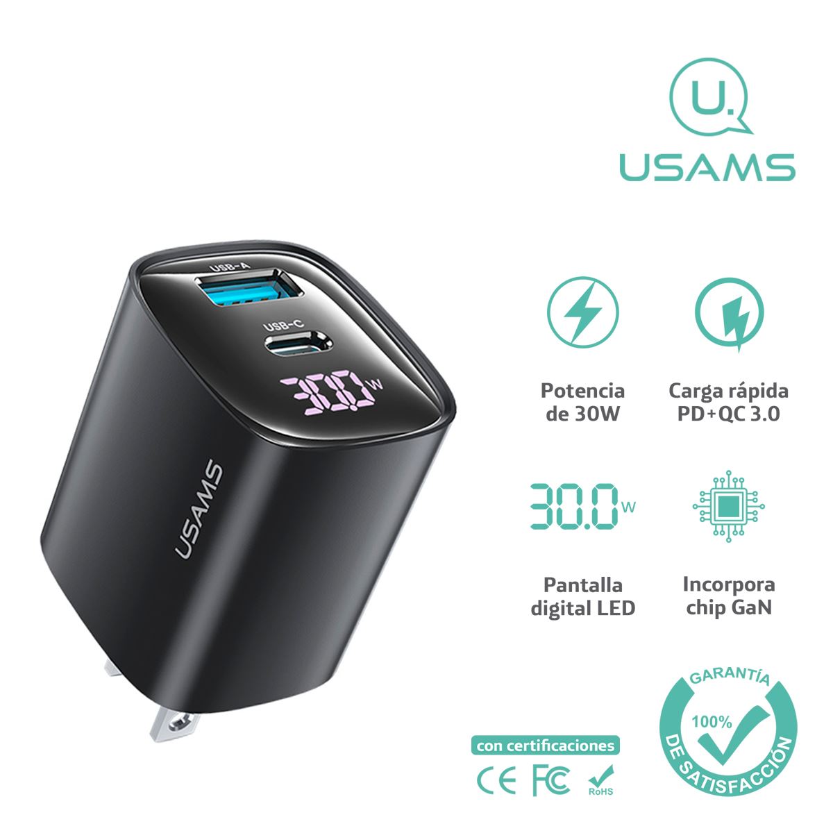 Cargador celular carga rápida USAMS Digital USB 30W Negro
