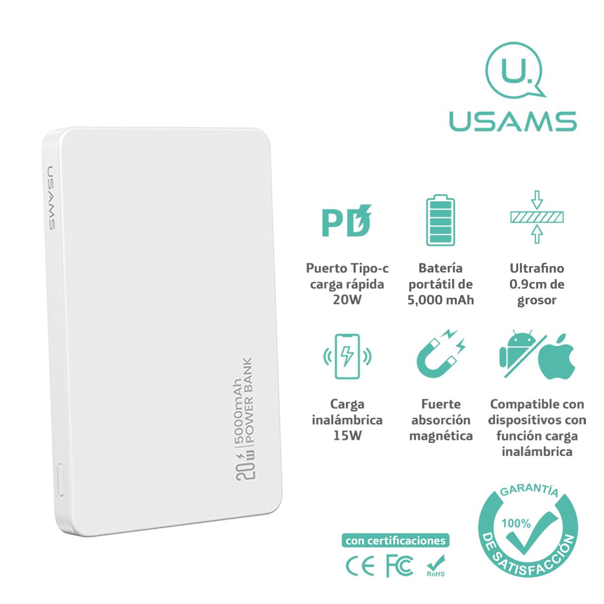 Cargador Batería Portát PowerBank USAMS Magsafe 5000mAh Bla
