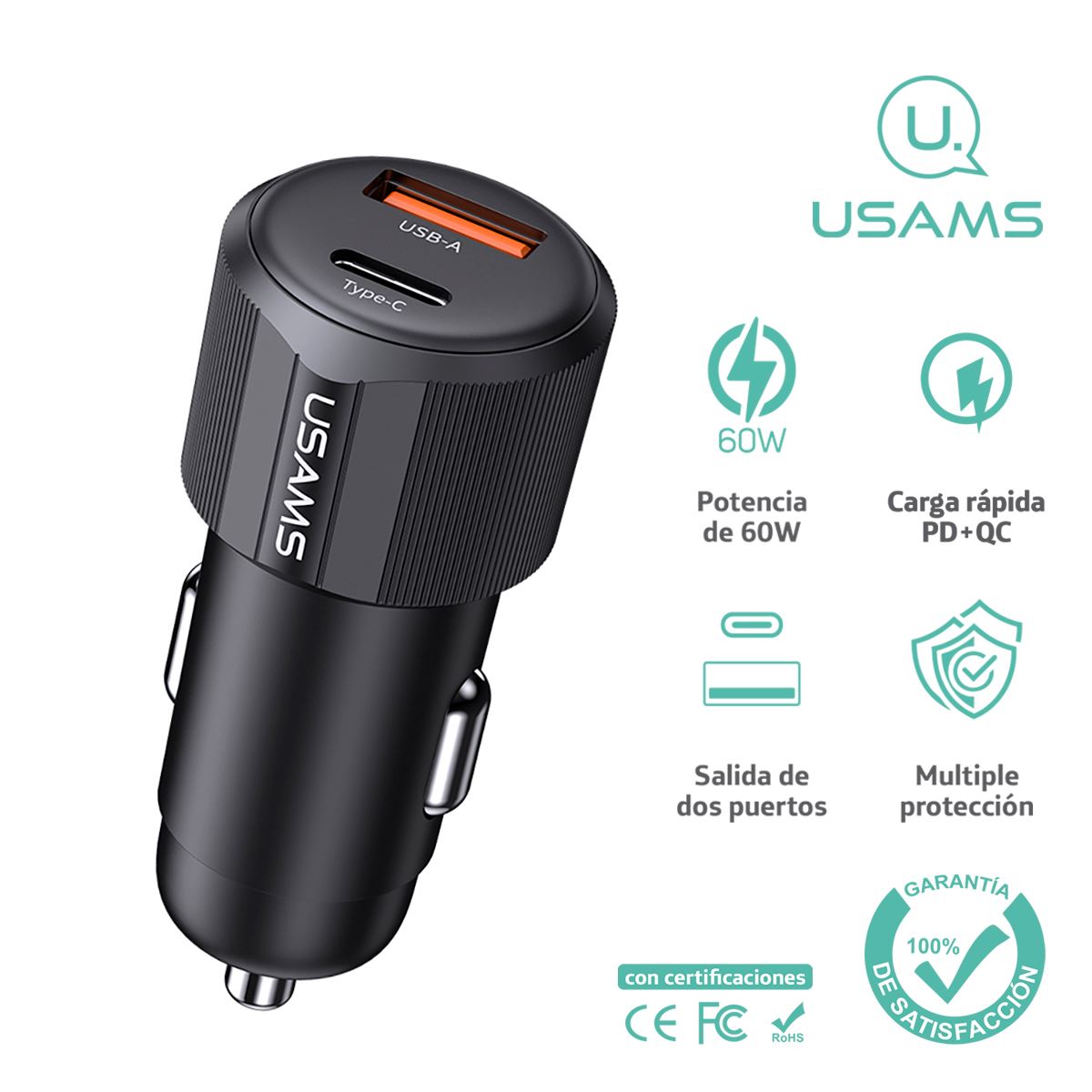 Cargador celular Auto carga rápida USAMS USB+TypeC 60W Negro