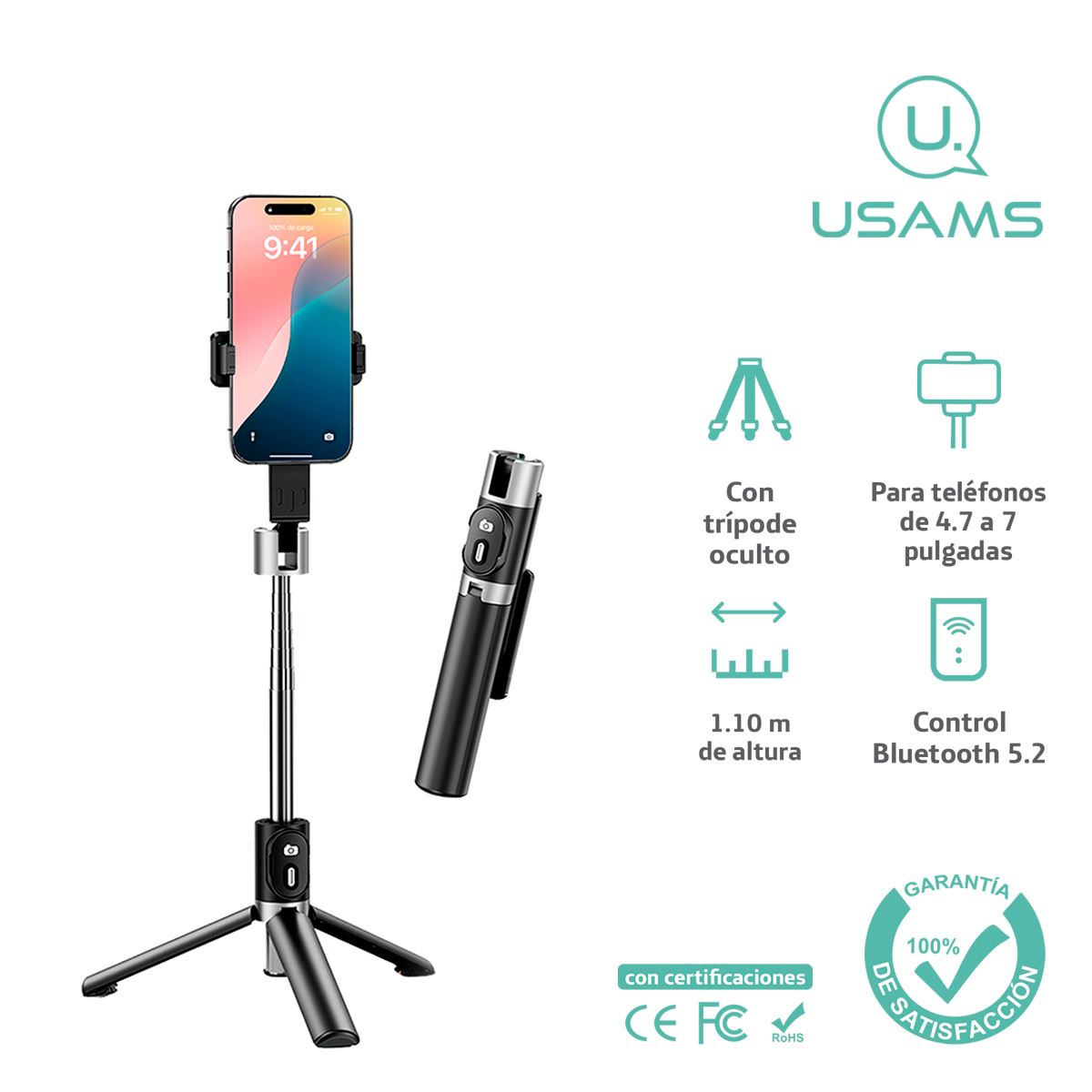 Palo Selfie Stick con Tripode USAMS control remoto BT 110cm