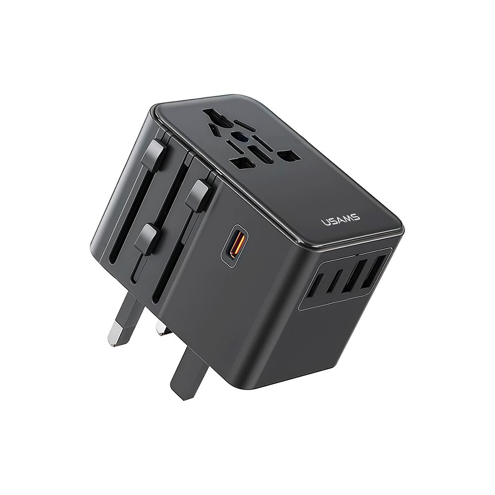 Cargador celular pared Universal USAMS 6en1  USB Dual + Type-C Triple 70W Negro