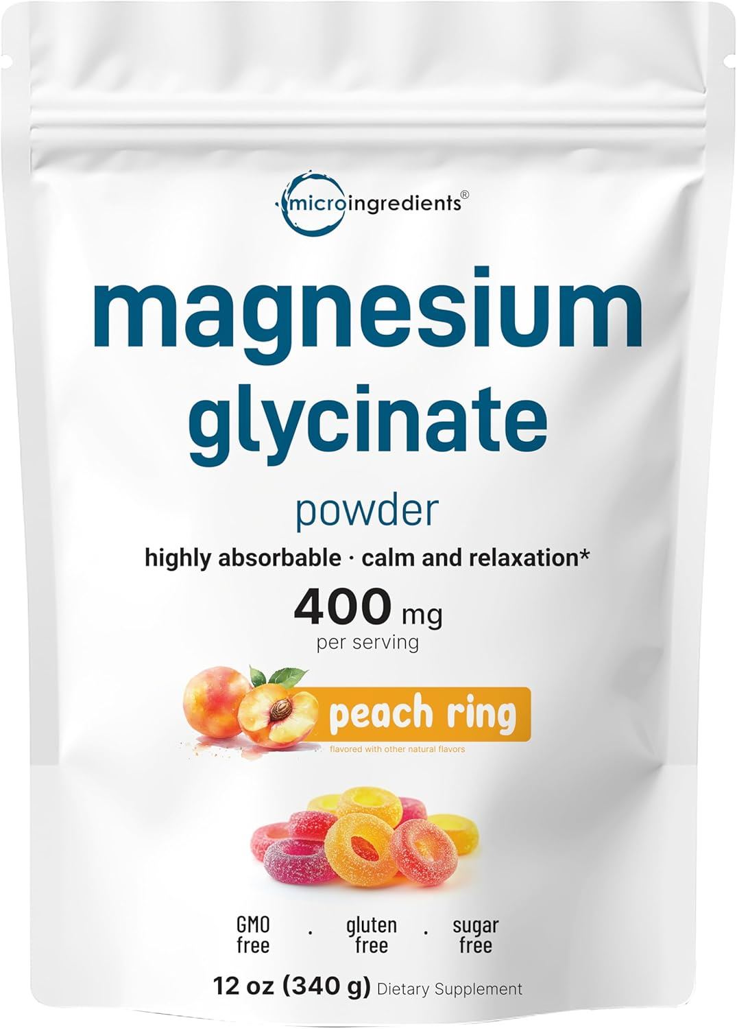 Micro Ingredients Magnesium Glycinate en Polvo | Alta Absorción | Sabor Peach Ring | 340 g
