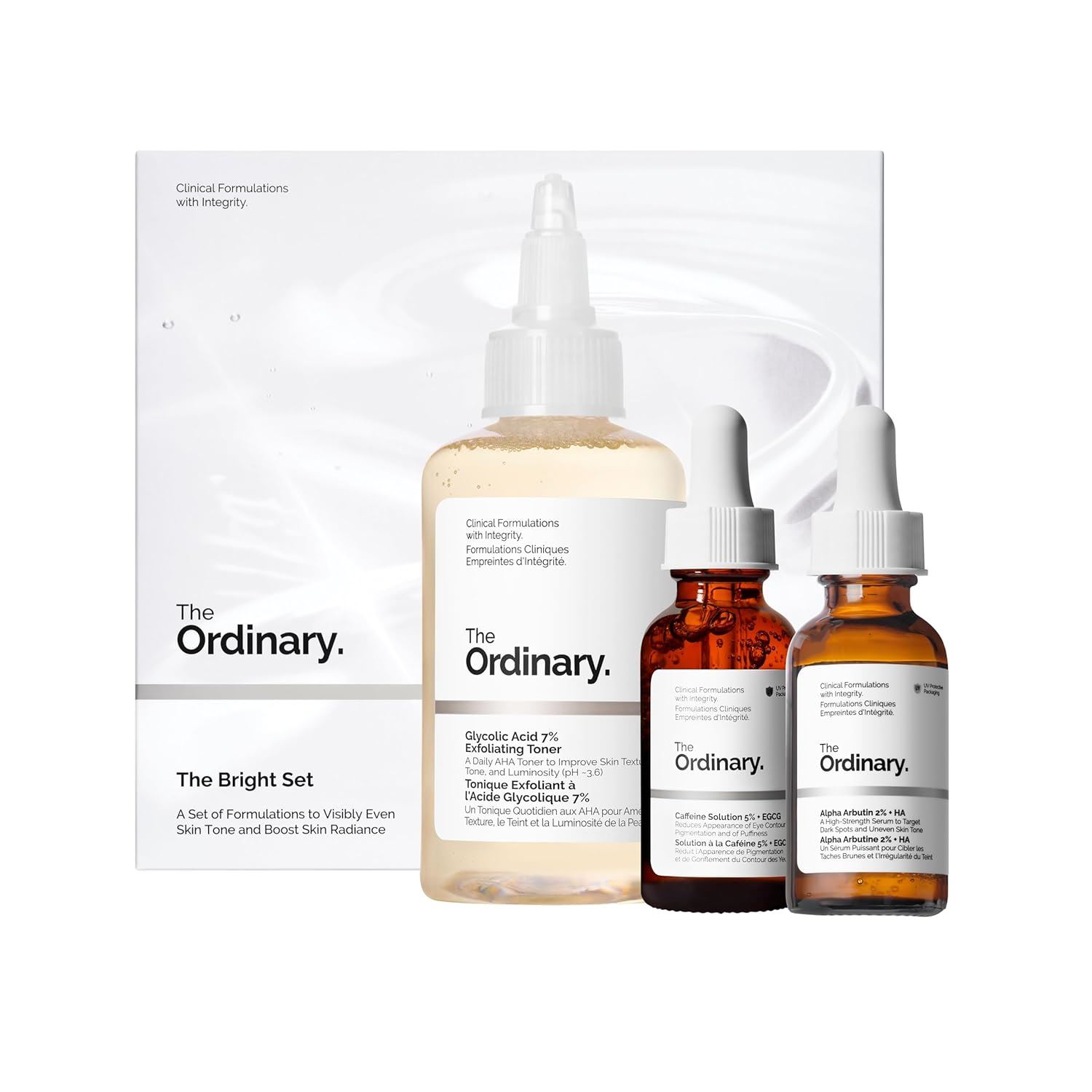 The Ordinary - The Bright Set, rutina de 3 pasos, ácido glicólico 7%, alfa-arbutina 2% + ácido hialurónico y solución de cafeína 5%