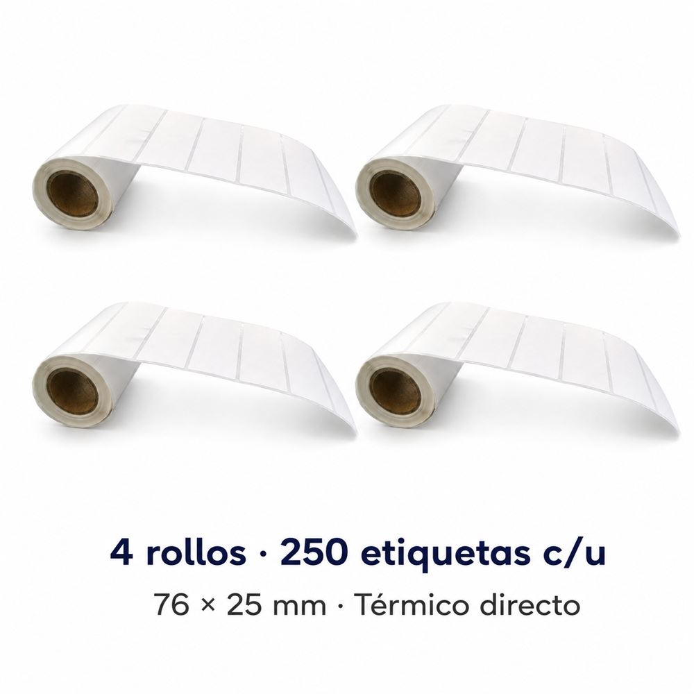 4 rollos de 250 etiquetas adhesivas 76x25mm térmico directo blanco TD 3x1"