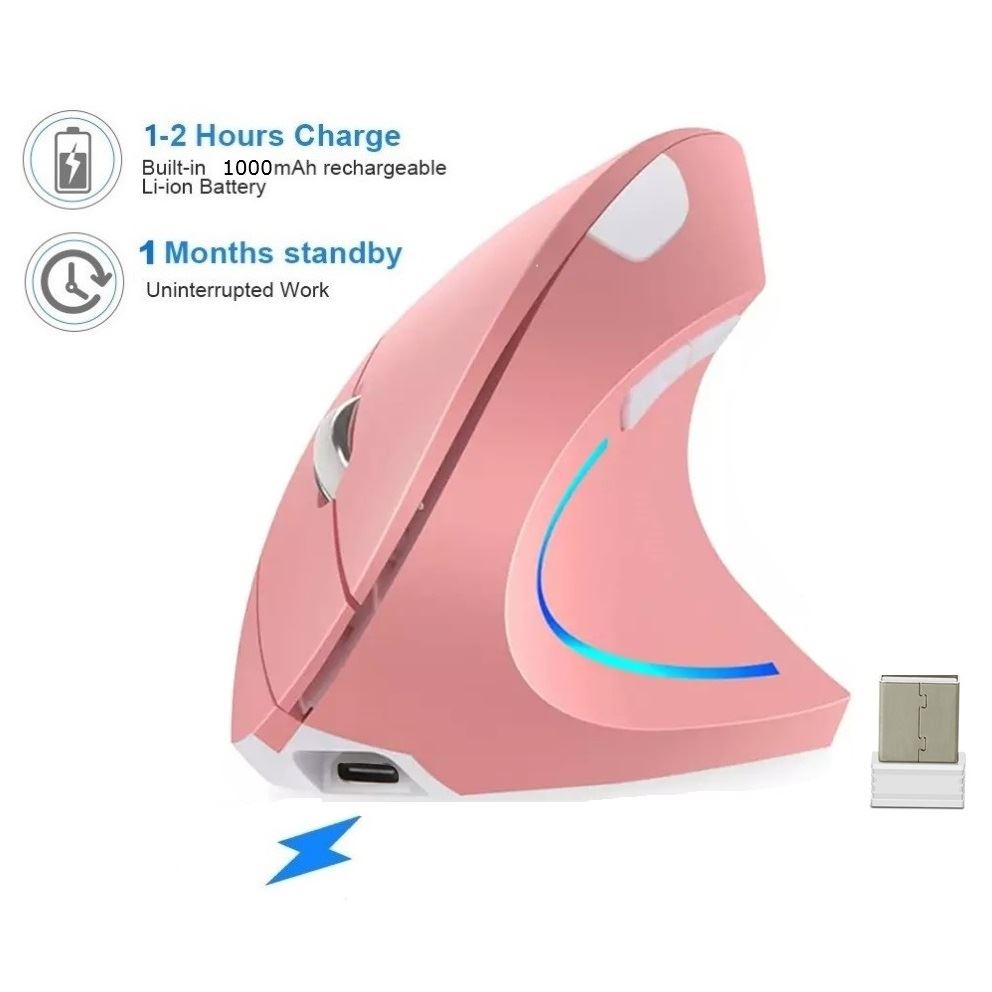 Mouse Vertical Recargable Ergonomico USB Inalambrico GAMER- ROSA