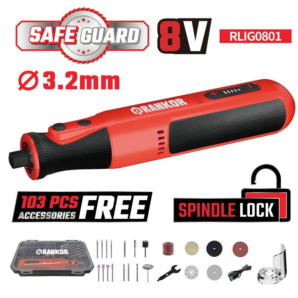 Multiherramienta Minitorno Rankor RLIG0801 8V Veloc. Variable + 103 Piezas