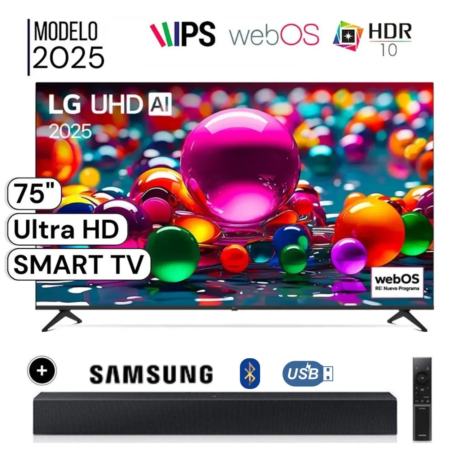 Televisor LG 75 LED UHD 4K Smart TV ThinQ AI 75UA8000PSB + Soundbar HW B400F