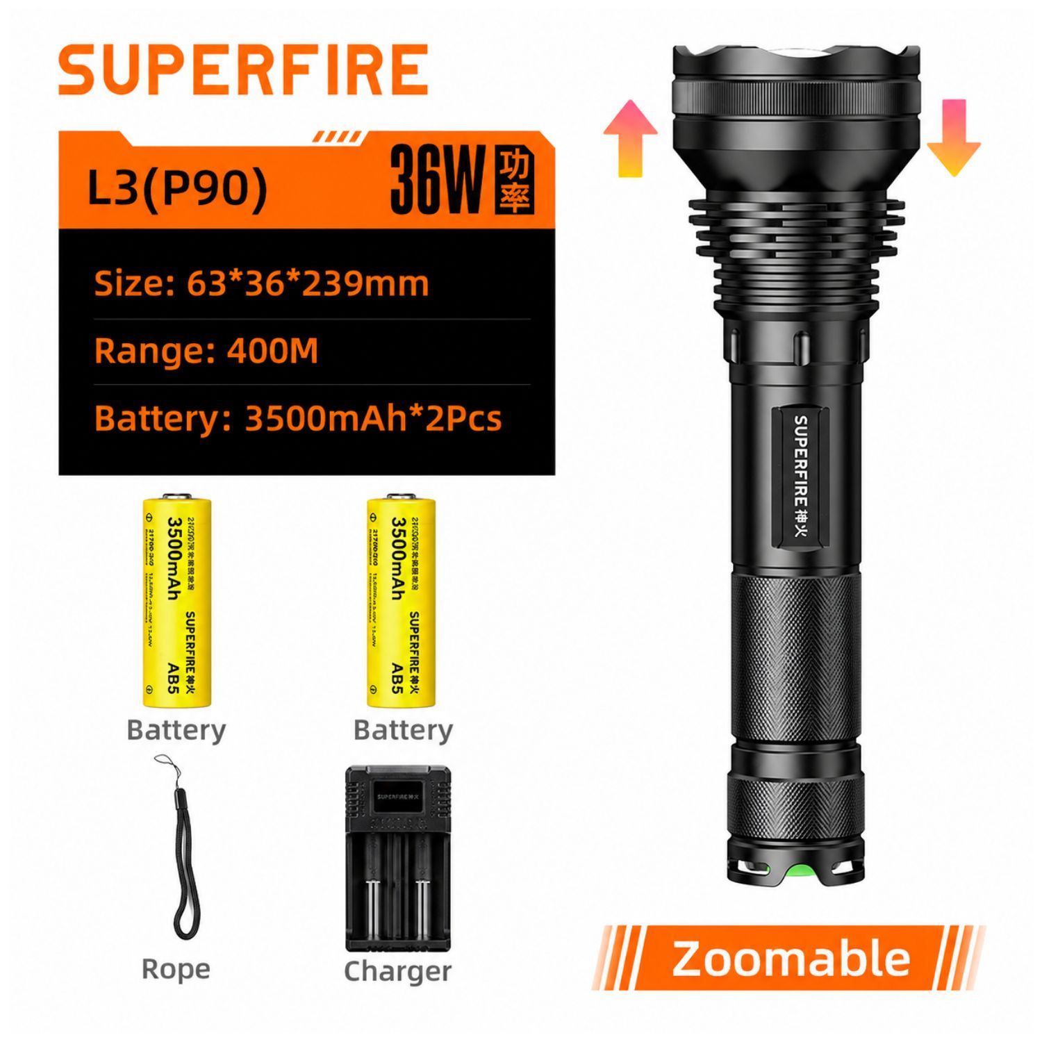 Linterna Táctica LED Recargable 2700LM Zoom Ajustable Largo Alcance 400 Metros